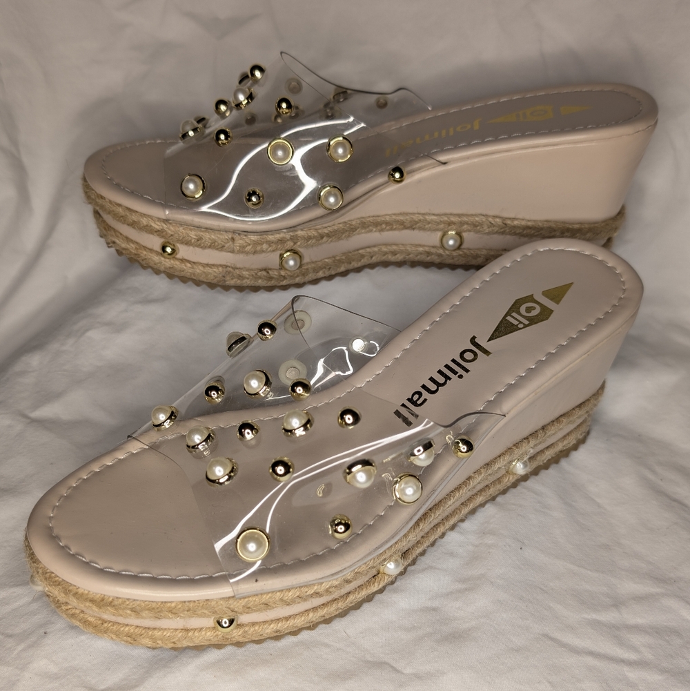 Women's Pearl Embellished Wedge Sandals - Cream